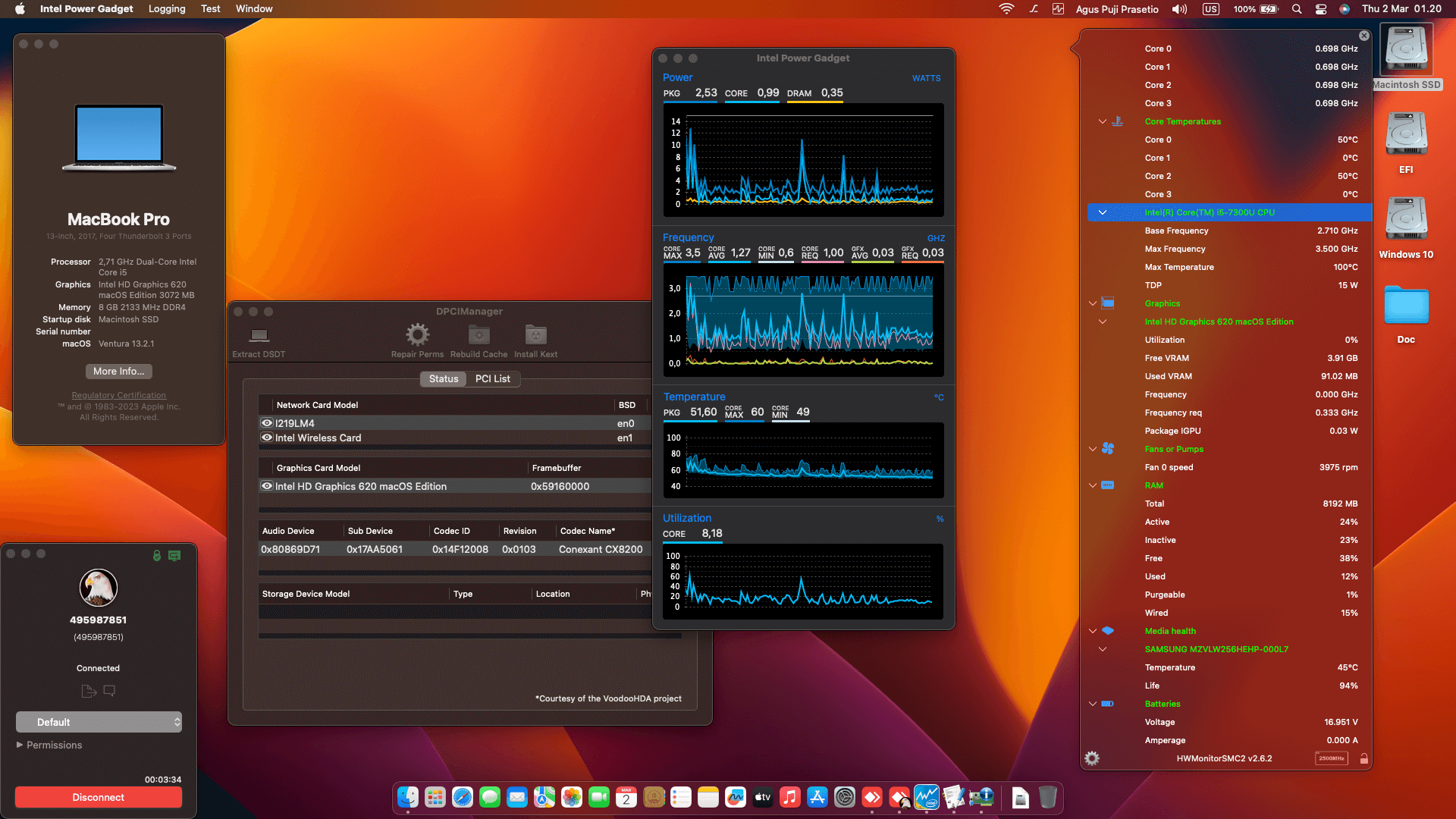Success Hackintosh macOS Ventura 13.2.1 Build 22D68 in Lenovo Thinkpad Yoga 370 20JJ-S0VJ05